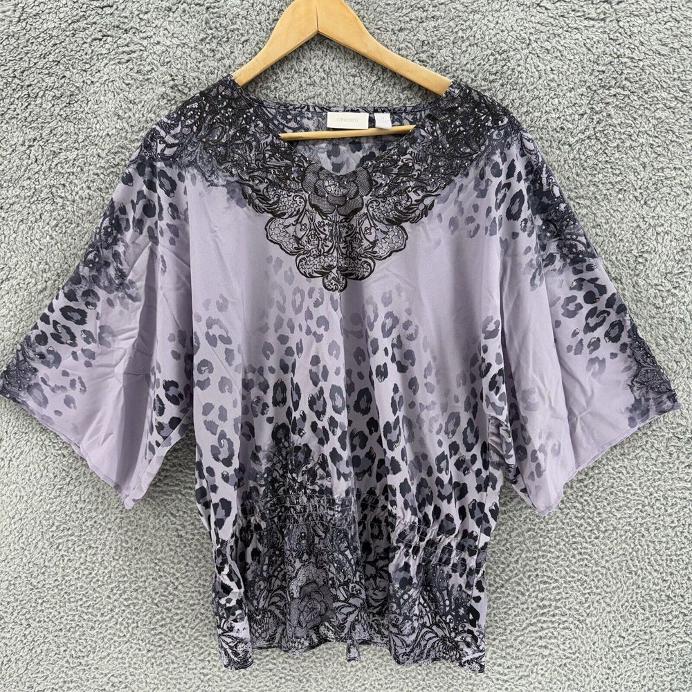 Chicos Womens 3 Purple Animal‎ Print Black Lace Jewel Blouse 3/4 Sleeve Pullover